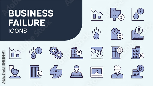 A comprehensive modern vector icon set visually representing key concepts of business failure, economic recession, financial crisis, and corporate decline, perfect for infographics and presentations
