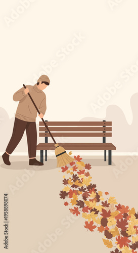 Autumnal Cleanup A Person Sweeps Fallen Leaves Near A Park Bench