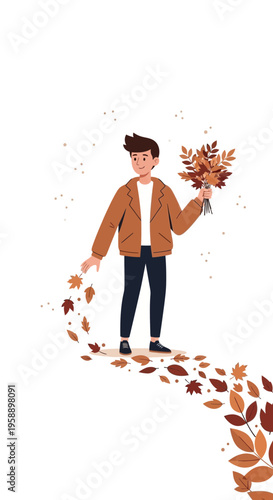 Autumnal Embrace Young Man Holding Fall Foliage Amidst Scattered Leaves