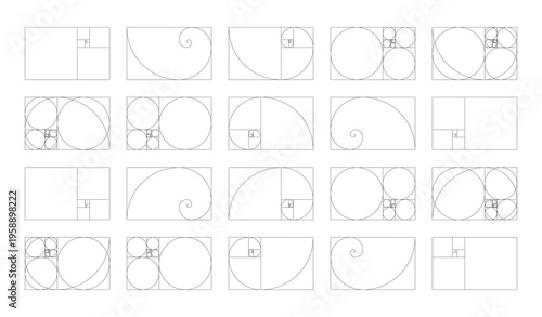 Horizontal Fibonacci numbers array set of 20 elements. Template of golden ratio harmony proportions. Golden ratio, Fibonacci used in design.