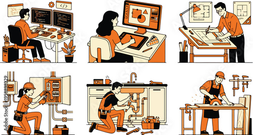 Diverse professions depicted through flat vector illustrations showcasing skilled individuals at work