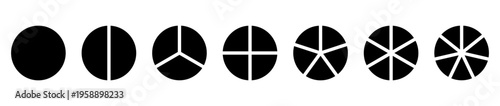 Circle division on 1 2 3 4 5 6 7 black equal parts. Infographic minimalist icons set. Coaching blank mockup. Pizza, pie chart layout. Wheel round divided diagrams from one to seven segments