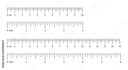 Ruler scale. Measuring chart with 10 centimeters and 4 inches, 6 inches and 15 centimeters. Length measurement distance or height. Template of sewing tool with 4inch and 6inch and 10cm and 15cm.