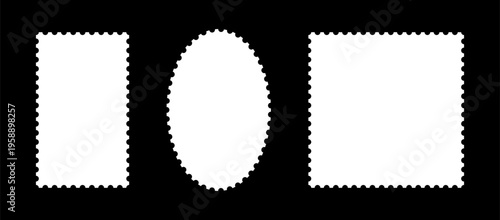 Backdrops for letters, postcards, with empty borders. Postage stamp frames template. Circle or oval and rectangular blank vintage stamps. Coupons, labels, tag, boxes with wiggly or wavy perforated edg