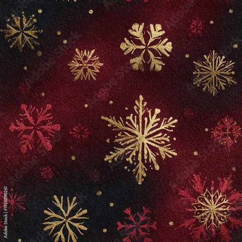 Golden and red snowflake pattern on textured dark red and black background creates festive and elegant winter holiday atmosphere with shimmering decorative elements