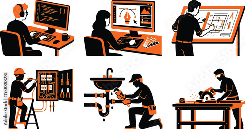 Collection of flat vector illustrations depicting people working on various professional tasks and projects