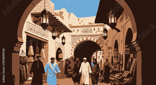 Middle Eastern marketplace scene with traditional architecture
