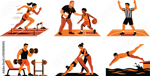 Set of flat vector illustrations depicting various sports and fitness activities like running, basketball, and weightlifting