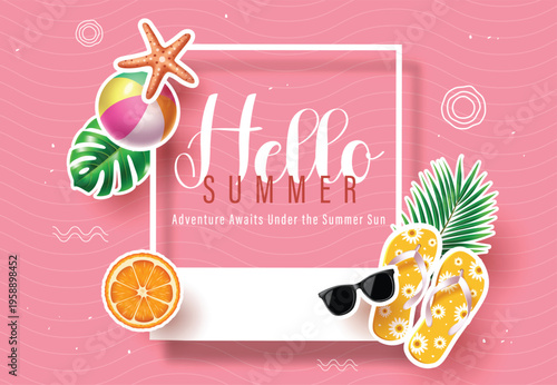 Hello Summer Vector Illustration with Flip-flops, Beach Ball, Sunglasses and Tropical Leaves
