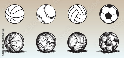 Hand-Drawn and Outline Sports Balls Set