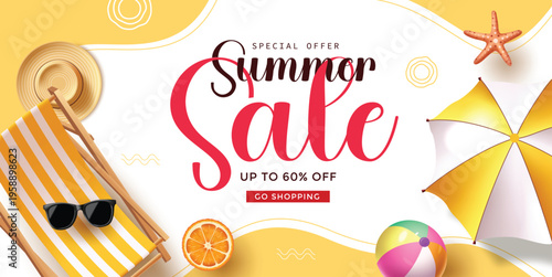 Summer Sale Vector Banner with Beach Accessories, Umbrella, Chair, and 3D Elements