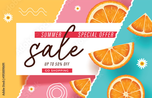 Summer Sale Special Offer Banner Vector with Orange Slices and Floral Elements on Colorful Background