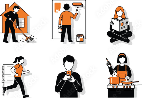 Set of Icons Depicting Daily Activities like Cleaning, Painting, Reading, Running, Using Phone, and Cooking