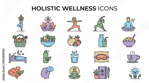 Holistic wellness icons on white background.