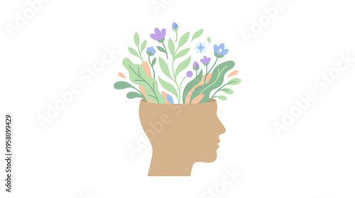 Human head with flowers growing out.