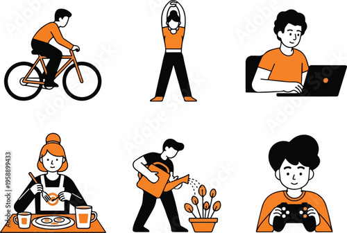 Set of cartoon illustrations depicting various daily activities and lifestyle choices for people