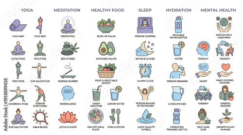 Meditation and yoga icons set.