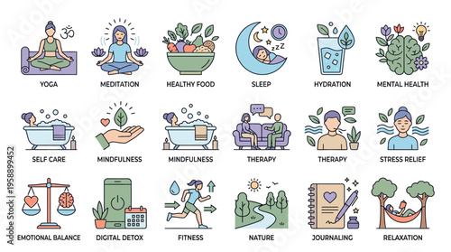 Mental Health Icons Illustration Set.