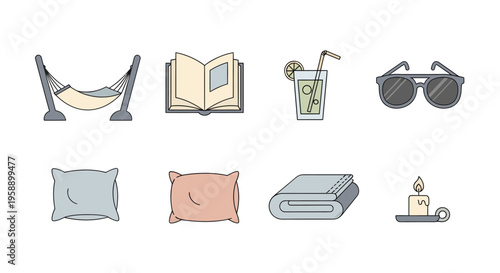 The icon set features a hammock, book, and drink on a relaxing vacation.