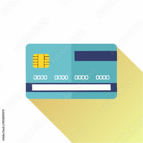 Flat design illustration of a credit card with a chip and shadow on a white background.