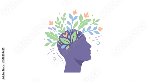 Purple Head with Colorful Floral Elements.