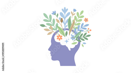 Purple head with colorful flowers growing.