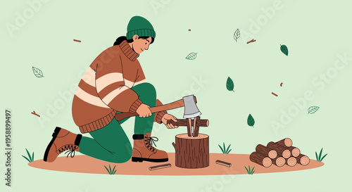 Autumnal Outdoors Activity Person Chopping Wood For Winter Season