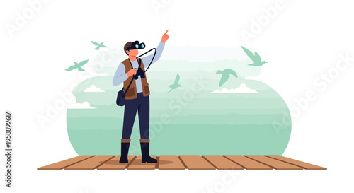 Avian Observer Gazing Skyward With Binoculars Amidst Flying Birds