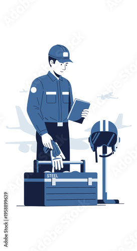 Aviation Mechanic Inspects Aircraft Maintenance Checklist With Tools
