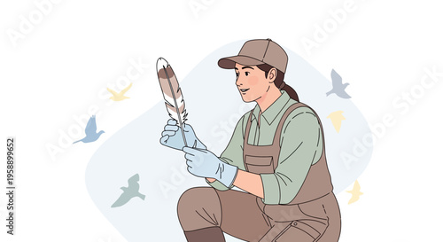 Avian Researcher Examines Feather Amidst Flying Birds