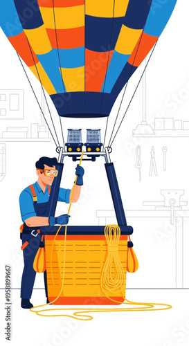 Aviation Technician Assembling A Hot Air Balloon Basket For Adventure Flights