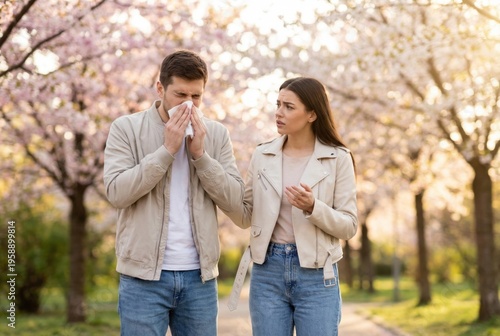 couple in blooming garden, man sneeze from seasonal allergy, pollinosis concept. 