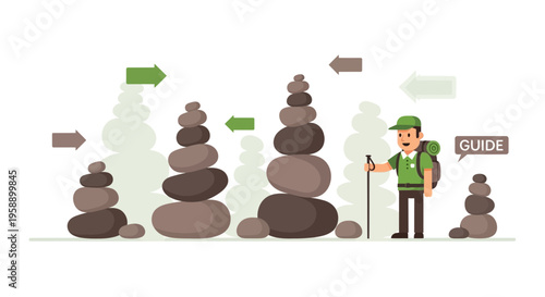 Balancing Stones With Hiking Guide And Directional Arrows Representing Progress
