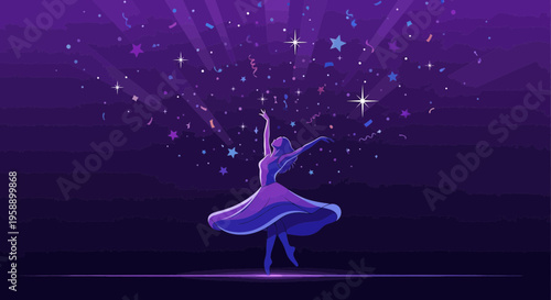 Ballerina Dancing Under A Shower Of Stars And Confetti