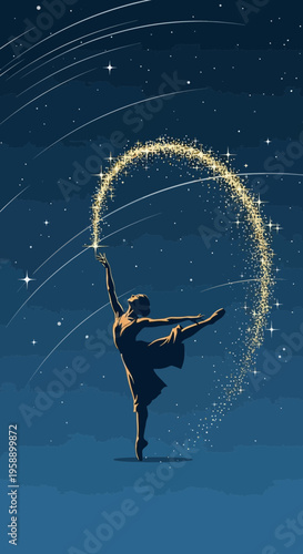 Ballerina Dancing Under A Sky Of Falling Stars And Cosmic Dust