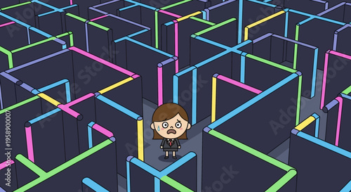 Bewildered Businesswoman Navigating Complex Colorful Maze Paths