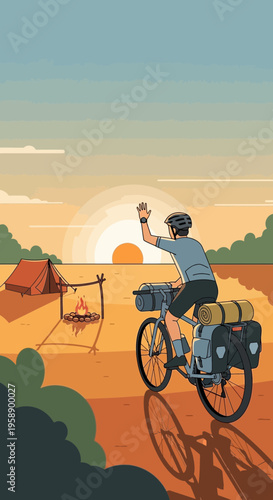 Bicycle Touring Adventure At Sunrise With Camping Gear And Campfire