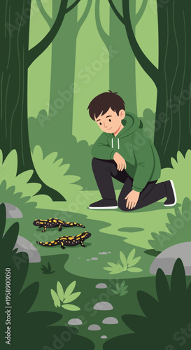 Boy Discovering Salamanders In A Lush Forest Environment