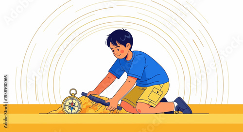 Boy Discovering Treasure With Compass Adventure Awaits
