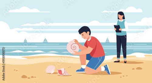 Boy Discovering Seashells On Sandy Beach With Woman Observing