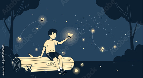Boy Enchanted By Fireflies In A Starry Forest Night