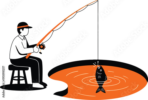 Man fishing on a stool as a fish is caught on the hook in the water