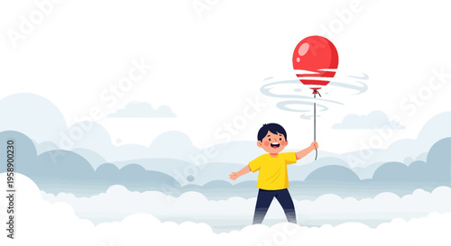Boy Holding Red Balloon Amidst Cloudscape