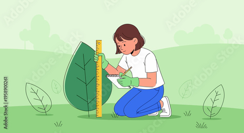 Botanical Researcher Measures Plant Growth With Ruler And Notebook In Field