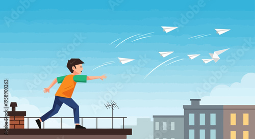 Boy Launching Paper Airplanes From Rooftop With Cityscape Background