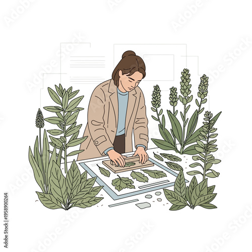 Botanical Researcher Examining Plant Specimens Detailed Leaf Study