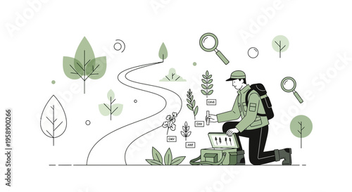 Botanical Researcher Exploring Nature With Magnifying Glass And Field Kit