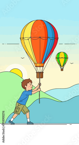 Boy Holding Hot Air Balloon Handle Preparing For Adventure