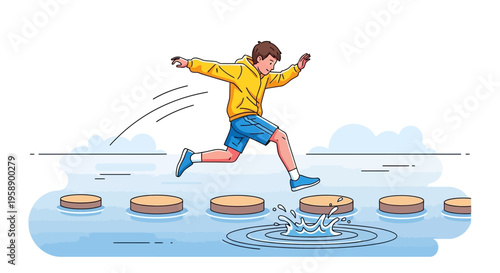 Boy Leaping Across Stepping Stones Towards A Bright Future