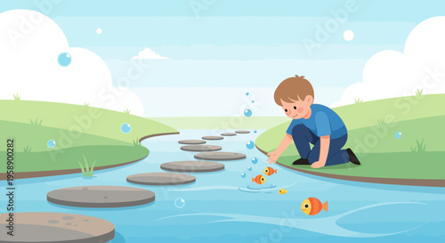 Boy Interacting With Fish On Stepping Stones Beside A Gentle River